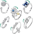 Set of six adjustable silver fidget rings featuring rotating beads and floral patterns - Anxiety Ring Set B (28)