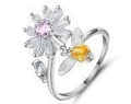 Adjustable silver ring with pink daisy flower and yellow bee in a variant view - Pink Zircon Daisy Bee Style (30)