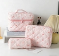 Pink bow quilted cotton toiletry bag set with three pieces for organized storage - Square Makeup Bag / Pink Grid with Bow