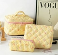 3-piece set of yellow checkered quilted cosmetic bags with pink bow print design - Sanitary Napkin Bag / Yellow Grid with Bow