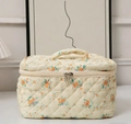 Quilted floral makeup bag in beige cotton with orange and blue flower patterns - Sanitary Napkin Bag / Yellow Base Orange Flower