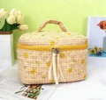 Quilted cotton makeup bag with yellow gingham pattern and fresh lemon print with handles - Sanitary Napkin Bag / Yellow Smiley Face