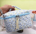 Quilted cotton cosmetic bag featuring blue plaid and yellow polka dot patterns with ribbon - Sanitary Napkin Bag / Blue Polka Dot