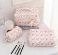 Three-piece quilted cotton toiletry bag set with pink floral and bow pattern - Sanitary Napkin Bag / Pink Rose