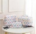 3-piece white cotton quilted cosmetic bags with blue bows and pink floral print - Sanitary Napkin Bag / Blue Rose