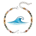 Detailed macro shot of natural 4mm African Pine stone bracelet with polished silver wave charm - Wave Style (WB1305)