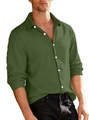 Olive green knitted shirt with textured diamond pattern and white buttons for men - Army Green