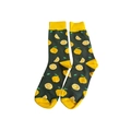 Dark green cotton crew socks with lemon pattern and yellow contrast heel and toe - 6624c / One Size