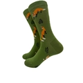 Dark green cotton crew socks with orange fox and green leaf patterns in forest style - 4226c / One Size