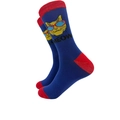 Navy blue crew socks with red accents and cartoon cat with sunglasses and Meow text - 4421c / One Size