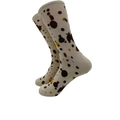 Artistic cream cotton crew socks with brown and yellow abstract spotted patterns - 3719c / One Size