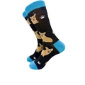 Mid-calf cotton socks featuring black knit with blue trim and cartoon corgi dog patterns - 4027c / One Size