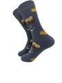 Funny gray breakfast pattern socks featuring fried eggs, coffee, and orange slices - 6680c / One Size