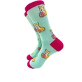Mint green mid-calf cotton socks with pink contrast and cute corgi donut pattern - 4028c / One Size