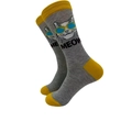 Grey cotton mid-calf socks with yellow accents and a cute sunglasses cat meow design - 4224c / One Size