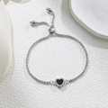 Detail of adjustable silver chain bracelet with heart charm and black enamel inlay - Black Heart (Steel Color) (D180)