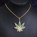 Hip hop gold necklace with green enamel maple leaf pendant and white zircon inlay - Gold Green + 60cm Box Chain