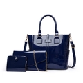 Set da 3 borse in vernice blu scuro con shopper, pochette e portafoglio in finitura lucida - Blu