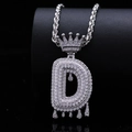 Hip-hop crown letter D dripping pendant with silver rope chain and white zircons - Letter D / Silver