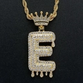 Gold plated hip hop necklace with iced out crown letter E pendant on rope chain - Letter E / Gold