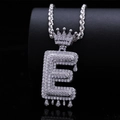 Hip hop style letter E necklace with crown design and shimmering cubic zirconia stones - Letter E / Silver