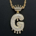 Hip hop style gold crown initial G necklace with zircon crystals and rope chain - Letter G / Gold
