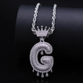 Iced out silver crown bubble letter G pendant with sparkling zircon on a rope chain - Letter G / Silver
