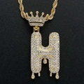 Iced out gold hip hop letter H pendant with crown and drip detail on a rope chain - Letter H / Gold