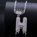 Silver Hip-hop necklace featuring a letter H pendant with crown and zircon stones - Letter H / Silver
