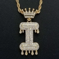 Hiphop gold necklace with iced-out letter I pendant and crown detail on rope chain - Letter I / Gold