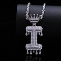 Hip hop silver crown letter I pendant necklace with sparkling pavé zircons and rope chain - Letter I / Silver