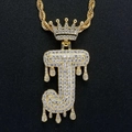 Hip hop style gold letter J pendant necklace with crown and melting zircon drip effect - Letter J / Gold