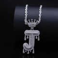 Hip hop crown initial J pendant necklace with iced out zircons and rope chain - Letter J / Silver
