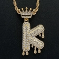 Gold plated melting capital letter K pendant necklace with iced out zircon crown charm - Letter K / Gold