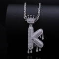 Hiphop silver letter K necklace with crown pendant and iced out stones on rope chain - Letter K / Silver