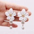 Golden flower earrings featuring white petals and baroque pearl pendants - White Large Flower with Artificial Pearl