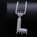 Silver hip hop necklace with letter L crown pendant and white zircons on rope chain - Letter L / Silver