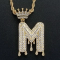 Gold plated hip-hop M letter pendant necklace with crown and zircon stones - Letter M / Gold