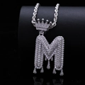 Silver hip-hop letter M crown pendant necklace with sparkling cubic zirconia on rope chain - Letter M / Silver