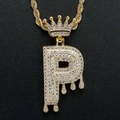 Gold-plated hip hop letter P pendant with crown and zircon stones on rope chain - Letter P / Gold