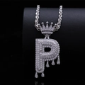Hip hop crown letter P pendant necklace with cubic zirconia and drip effect on rope chain - Letter P / Silver