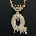 Hip hop crown initial Q pendant necklace with iced out cubic zirconia and rope chain - Letter Q / Gold