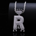 Hiphop silver letter R pendant necklace with crown dripping design and zircon stones - Letter R / Silver
