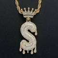 Gold plated hip hop crown letter S pendant necklace with shimmering zircon stones - Letter S / Gold