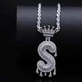 Silver iced-out bubble letter S pendant necklace with crown and rope chain - Letter S / Silver