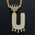 Hip hop style gold letter U pendant with crown and pavé zircons on twist chain - Letter U / Gold
