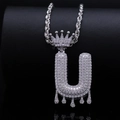 Hip-hop letter U pendant with crown and dripping effect in silver finish - Letter U / Silver
