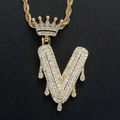 Hip hop style gold letter V pendant necklace with crown and zircon stones on twist chain - Letter V / Gold