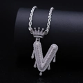 Silver hip hop V letter necklace with iced out zircon crown and twisted rope chain - Letter V / Silver