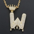 Hip-hop gold crown initial W pendant necklace with micro-paved white zircons - Letter W / Gold